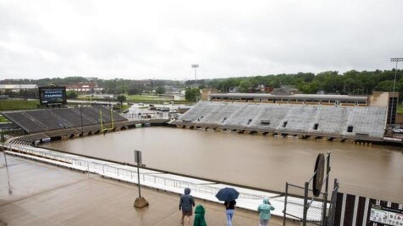 Waldo Stadium was under water early Thursday morning after heavy rains soaked western Michigan.

(Credit: Joel Bissell/Kalamazoo Gazette via AP)