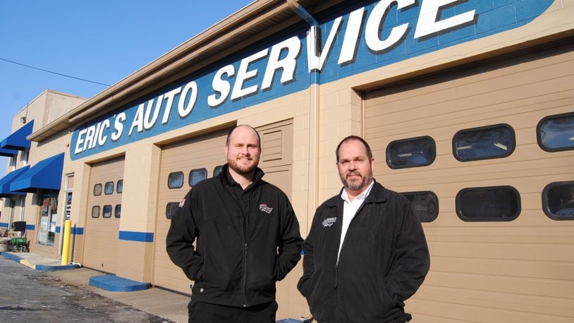 Eric Pohlman (right) is selling Eric’s Auto & Tire Service in Hamilton to his nephew, Ryan Pohlman (left). The business got its start in 1996 on the city’s West Side, a little more than a mile from Main Street.