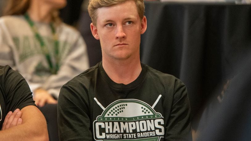 Wright State's Tyler Goecke watches the NCAA Division I men's golf tournament selection show Wednesday afternoon. Goecke, a Carroll High School grad, earned Horizon League Player of the Year honors this season for the Raiders. WSU Athletics photo