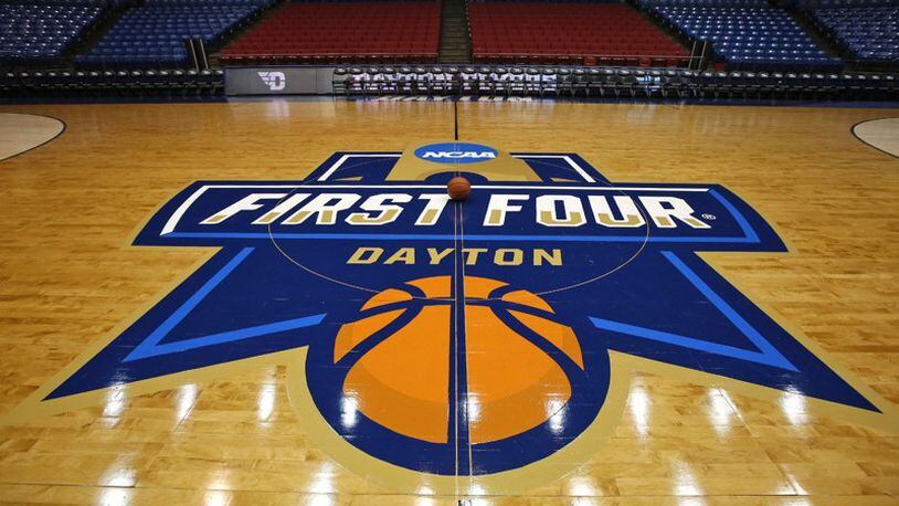 The floor, backbooards and hoops are ready for the NCAA First Four games a UD Arena. TY GREENLEES / STAFF