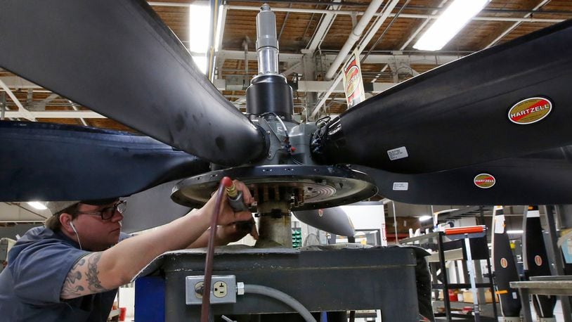 A composite 6-blade dual-acting propeller for the Dornier 328 turboprop-powered commuter airliner is one of the largest propellers made by Hartzell Propeller in Piqua. TY GREENLEES / STAFF