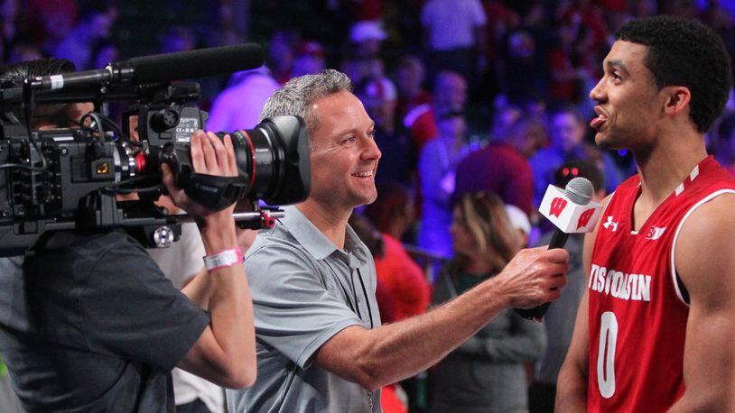 Wisconsin’s D’Mitrik Trice does an interview after a victory against Oklahoma on Thursday, Nov. 22, 2018, in the semifinals of the Battle 4 Atlantis at Imperial Gym on Paradise Island, Bahamas. David Jablonski/Staff
