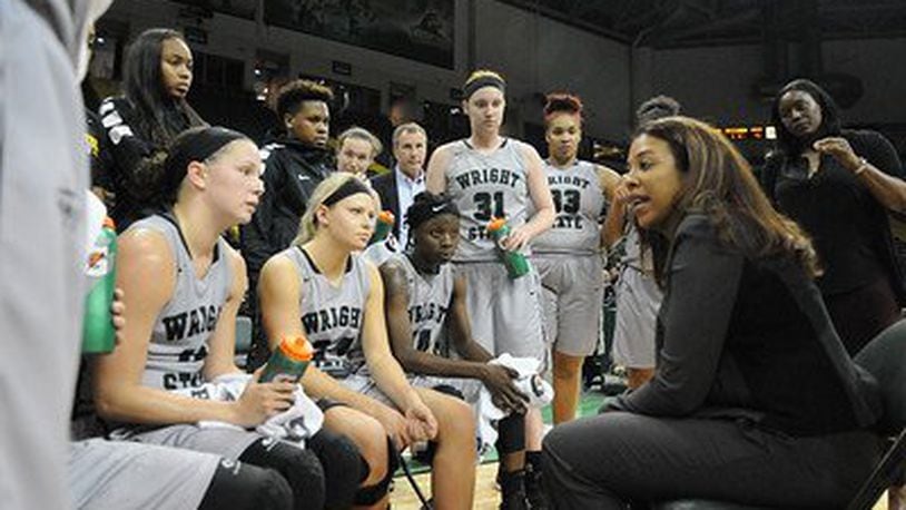 Wright State women’s basketball coach Katrina Merriweather talks to her team during a timeout against Oakland earlier this season. Tim Zechar/Contributed photo