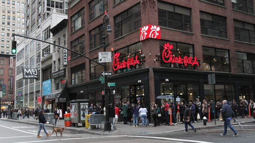 The Chick-fil-A store in New York is seen on its opening day Saturday Oct. 3, 2015. (AP Photo/Tina Fineberg)