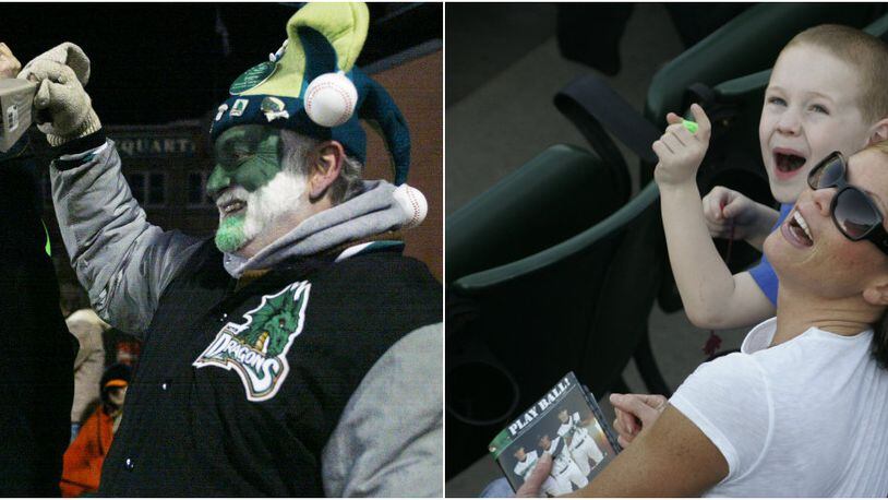 In back-to-back years, the high temperature for the Dayton Dragons home opener went from 35 degrees (2007) to 72 (2008). Left: Dan and Nancy Scheider of Farmersville ring their bells as Dragons score a run in April 5, 2007 (photo by Teesha McClam). Right: Ben Holeman, 6, and his mom, Lisa Kruger, watch skydivers just before they land on Fifth Third Field on April 7, 2008 (photo by Ron Alvey).