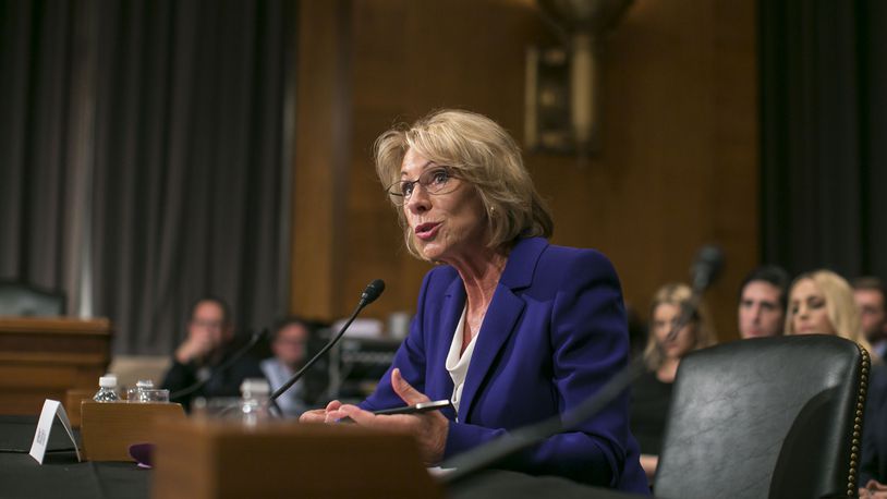Betsy DeVos, Donald Trumps nominee for education secretary, testifies at her confirmation hearing before the Senate Health, Education, Labor and Pensions Committee on Capitol Hill, in Washington, Jan. 17, 2017. DeVos defended her work steering taxpayer dollars from traditional public schools at her hearing, arguing that it was time to move away from a one size fits all system. (Al Drago/The New York Times)