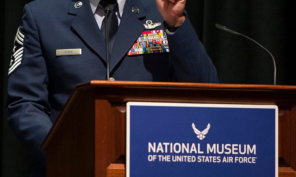 Chief Master Sgt. James Fitch, Air Force Research Laboratory command chief, delivers the commencement address at the Community College of the Air Force graduation ceremony on June15. U.S. AIR FORCE PHOTO/R.J. ORIEZ