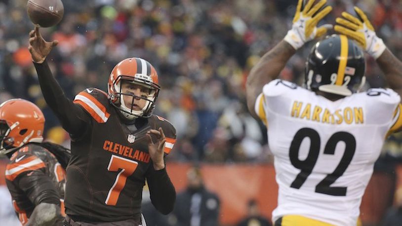 Cleveland Browns quarterback Austin Davis gets off a pass as Pittsburgh Steelers' James Harrison defends during the second quarter on Sunday, Jan. 3, 2016, at FirstEnergy Stadium in Cleveland, Ohio. (Phil Masturzo/Akron Beacon Journal/TNS)