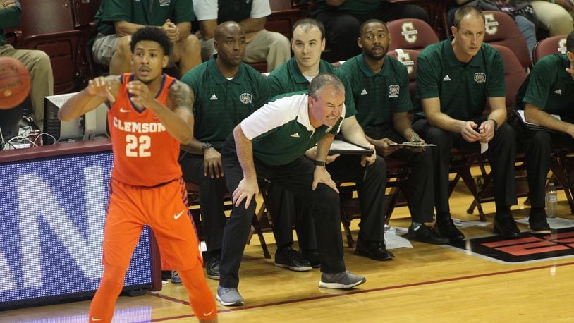 Ohio coach Saul Phillips reacts to a play during a game against Clemson on Thursday, Nov. 16, 2017, at TD Arena in Charleston, S.C.