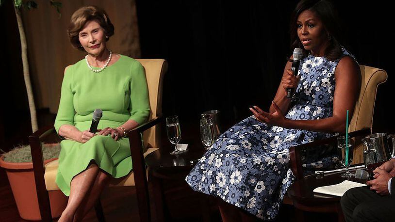 FILE PHOTO: Former first ladies Laura Bush and Michelle Obama joined together, albeit from their own separate houses, to share a message of hope as part of the Global Citizen concert. (Alex Wong/Getty Images