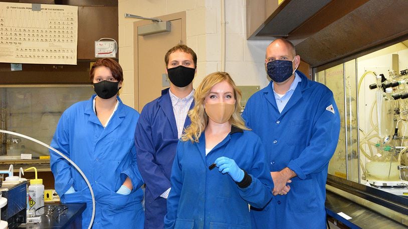 Members of Air Force Research Laboratory’s Ceramic Materials and Processing Research Team are from left to right: Christina Thompson, Dr. Dayton Street, Dr. Kara Martin and Dr. Matthew Dickerson. (U.S. Air Force photo/Karen Schlesinger)