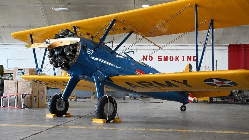 PT-17 Stearman (SN 41-25454) in the Restoration Hangar at the National Museum of the United States Air Force. (U.S. Air Force photo by Lisa M. Riley)
