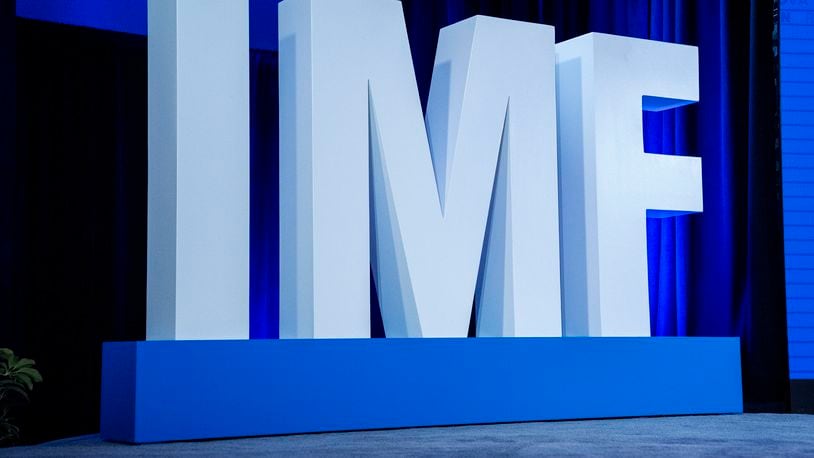 Letters spell out IMF during a news conference about the International Monetary Fund's (IMF) World Economic Outlook report, during the IMF Spring Meetings, Tuesday, April 16, 2024, in Washington. (AP Photo/Jacquelyn Martin)
