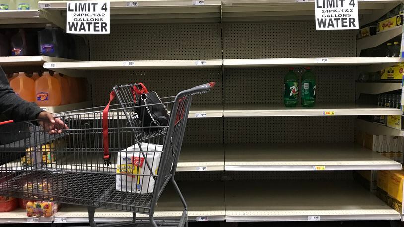HEB  on East Riverside Drive has placed a lot on bottled water purchases in response to increased demand for supplies as residents prepare for several days of severe storms following landfall of Hurricane Harvey.  JAMES GREGG / AMERICAN-STATESMAN