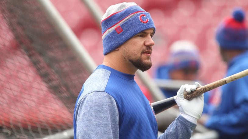 The Cubs’ Kyle Schwarber prepares to take batting practice before a game against the Reds on Monday, April 2, 2018, at Great American Ball Park in Cincinnati. David Jablonski/staff