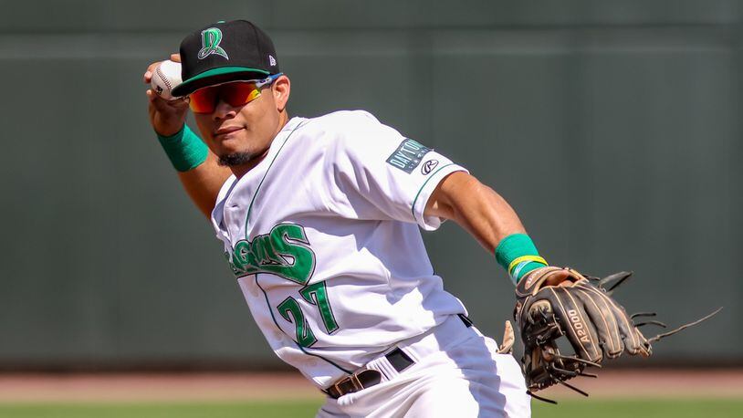 Dayton Dragons second baseman Randy Ventura throws the ball to first base during their game against the West Michigan Whitecaps on Monday afternoon at Fifth Third Field. CONTRIBUTED PHOTO BY MICHAEL COOPER