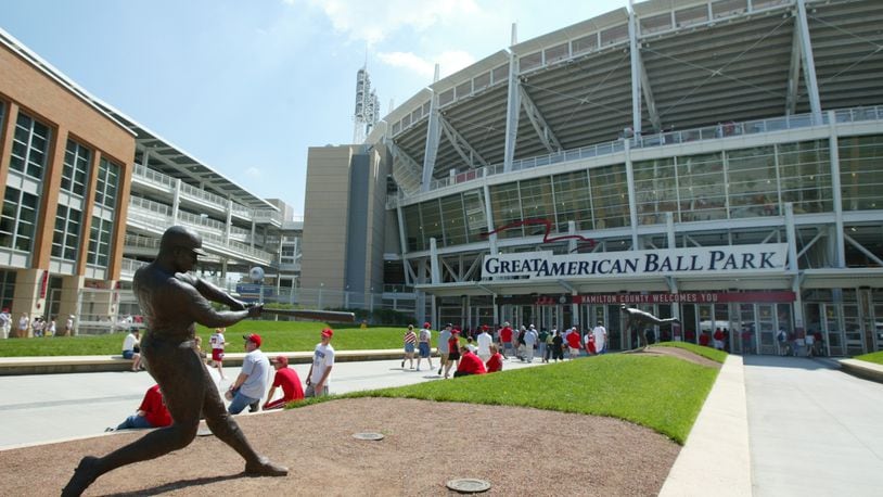 CINCINNATI, OH - MAY 9: A Frank Robinson statue outside the front entrance at The Great American Ball Park on May 9, 2004 in Cincinnati, Ohio. (Photo by Andy Lyons/Getty Images)