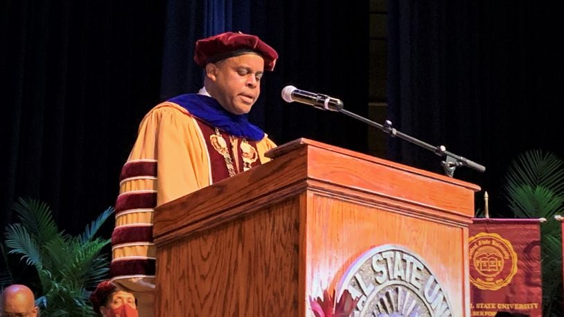 Central State University President Jack Thomas speaks during his investiture Friday. LONDON BISHOP/STAFF