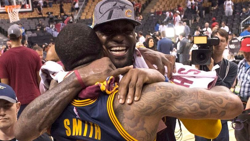In this May 27, 2016, file photo, Cleveland Cavaliers forward LeBron James celebrates the team's win over the Toronto Raptors with J.R. Smith after Game 6 of the NBA basketball Eastern Conference finals,  in Toronto. This was the sixth time (fifth straight) LeBron James advanced to the NBA Finals. (Frank Gunn/The Canadian Press via AP, File)