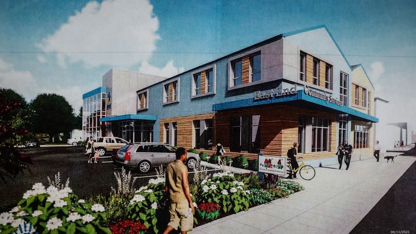 This is a rendering of the East End Community Services' new look from Xenia Ave. The center is raising money to build new hubs. JIM NOELKER/STAFF