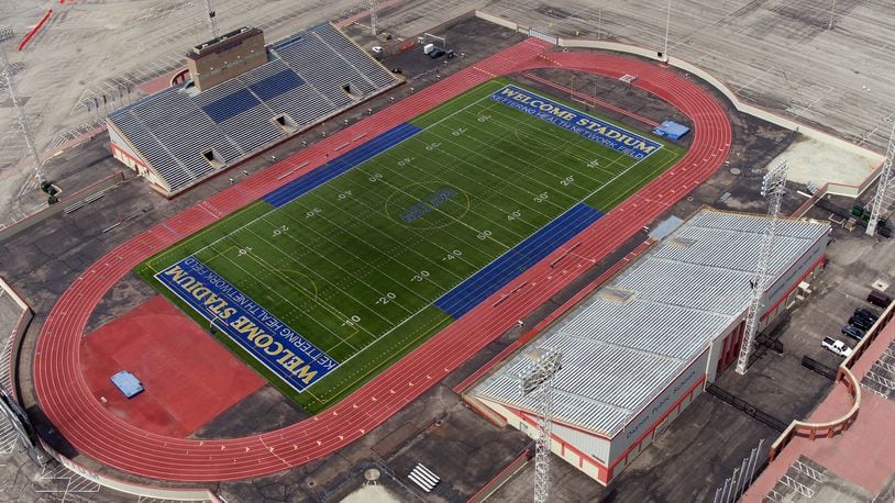 Aerial view of Dayton Public Schools’ Welcome Stadium looking northwest. TY GREENLEES / STAFF
