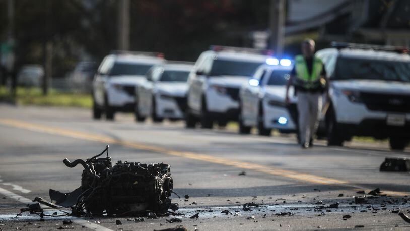 An engine separated from one of two vehicles involved in a deadly head-on crash Thursday afternoon, April 16, 2020, on Old Troy Pike in Dayton. JIM NOELKER / STAFF