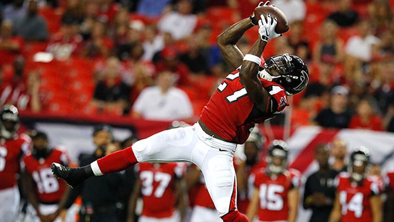 ATLANTA, GA - SEPTEMBER 01: Robenson Therezie #27 of the Atlanta Falcons intercepts a pass from the Jacksonville Jaguars at Georgia Dome on September 1, 2016 in Atlanta, Georgia. (Photo by Kevin C. Cox/Getty Images)