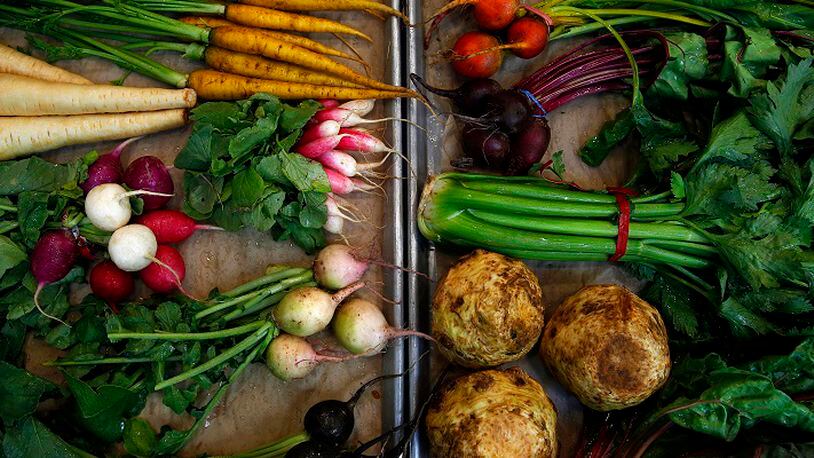 Spring chef Tony Esnault uses seasonal vegetables from the farmer's market to prepare his Legumes de Saison. (Liz O. Baylen/Los Angeles Times/TNS)