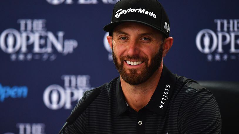 SOUTHPORT, ENGLAND - JULY 19: Dustin Johnson of the United States speaks to the media during a press conference prior to the 146th Open Championship at Royal Birkdale on July 19, 2017 in Southport, England. (Photo by Dan Mullan/Getty Images)