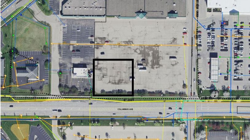 The Lebanon Planning Commission Tuesday, May 16, 2023, approved the major site plan for a Chipotle restaurant to be located in an outlot of the former Kroger store at 1235 Columbus Ave. The black box on the photo indicates the proposed location of the restaurant. CONTRIBUTED/CITY OF LEBANON