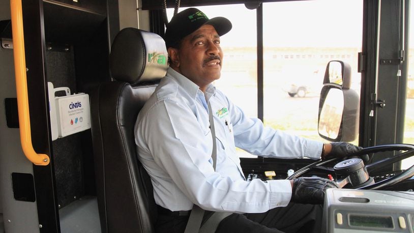 Dayton RTA bus driver Juan Jones drives on Monday, March 30, 2020, in Dayton. David Jablonski/Staff