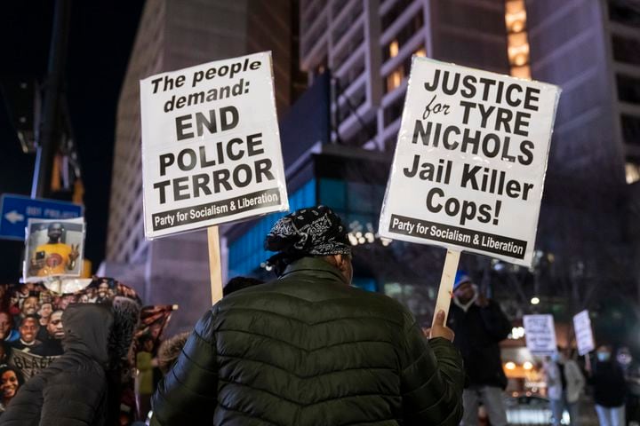 Demonstrators in Atlanta protest police violence following the release of video of the death of Tyre Nichols, on Friday, Jan. 27, 2023. (Nicole Craine/The New York Times)