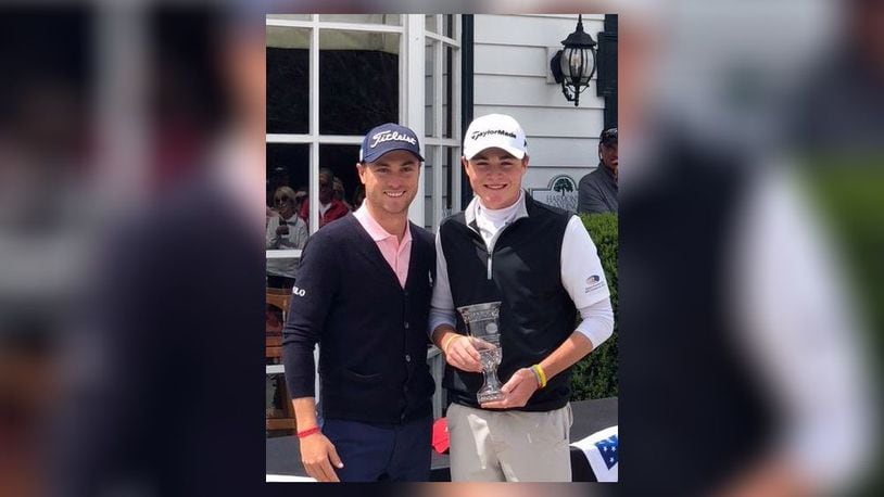 Butler High School junior Austin Greaser with eight-time PGA Tour winner Justin Thomas on Sunday after Greaser won the AJGA’s Justin Thomas Junior Championship in Goshen, Ky. It was Greaser’s second striaght AJGA win. CONTRIBUTED