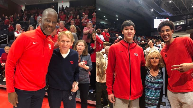Dayton basketball fans Ron and Andrea Morton pose with Anthony Grant, left, and Mike Sharvajamts and Zimi Nwokeji, right. Submitted photos