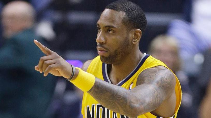FILE - In this May 20, 2014, file photo,  Indiana Pacers' Rasual Butler gestures during the NBA basketball Eastern Conference finals against the Miami Heat in Indianapolis. Authorities say Butler and his wife Leah LaBelle, whose given name is Leah LaBelle Vladowski, died in a single-vehicle rollover traffic accident in the Studio City area of Los Angeles' San Fernando Valley early Wednesday, Jan. 31, 2018. Coroner's Assistant Chief Ed Winter says both died at the scene. Autopsies are pending. (AP Photo/Michael Conroy, File)