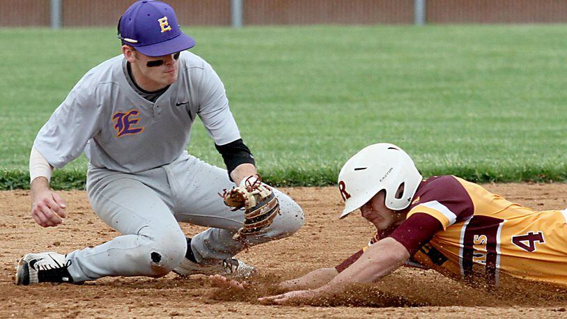 Eaton shortstop Blake Curry tags Mike Carroll of Ross out on a steal attempt Thursday during Division II sectional play at Ross. CONTRIBUTED PHOTO BY E.L. HUBBARD