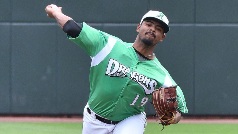 Dragons starter Tony Santillan throws a pitch during the first inning of a game against Burlington on Sunday afternoon at Fifth Third Field. Contributed Photo by Bryant Billing