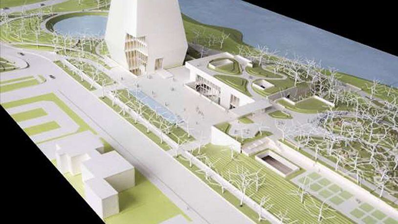 A model showing a view of the Obama Presidential Center looking north shows the Museum, Forum and Library. The Museum, the tallest structure on site, will serve as serve as a lantern for the Obama Presidential Center. The Library and Forum are single story structures with planted terraces.