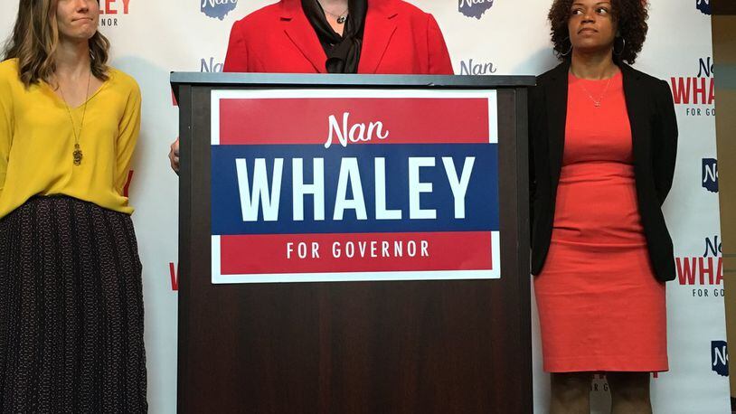 Dayton Mayor Nan Whaley Thursday landed endorsements from Columbus City Councilwomen Liz Brown, left, and Jaiza Page in the 2018 governor’s race. Brown is the daughter of U.S. Sen. Sherrod Brown.