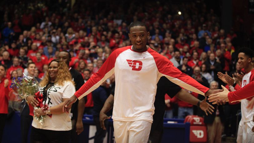 Dayton's Kendall Pollard is honored on Senior Night before a game against Virginia Commonwealth on March 1, 2017, at UD Arena.