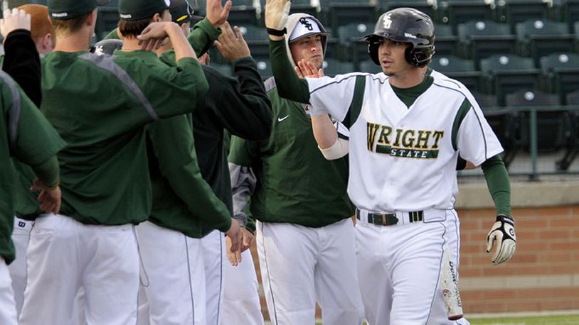 Wright State celebrates a run against Youngstown State earlier this year. Submitted photo.