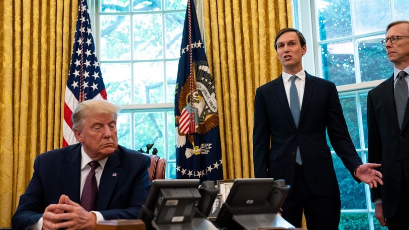 President Donald Trump with Jared Kushner, a senior White House adviser, in the Oval Office of the White House in Washington, Oct. 20, 2020. With far less money than anticipated, campaign officials are scrambling to address a severe financial disadvantage against Joe Biden, producing something of an internal blame game. (Anna Moneymaker/The New York Times)