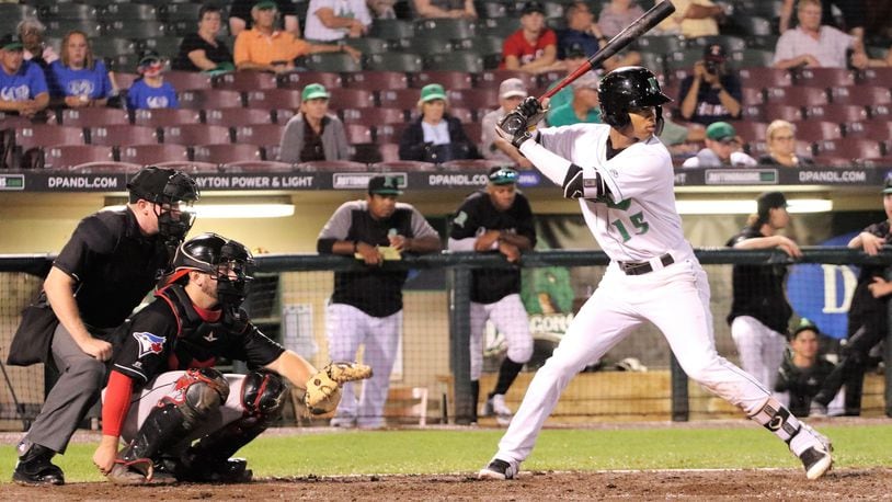 Dayton’s Jose Garcia bats during Tuesday night’s game vs. Lansing at Fifth Third Field. Michael Cooper/CONTRIBUTED