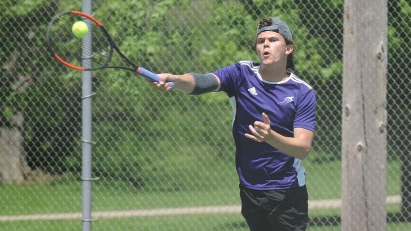 Butler’s Bradon Kreger hits a forehand during Wednesday’s Division I sectional tennis tournament. Greg Billing/CONTRIBUTED