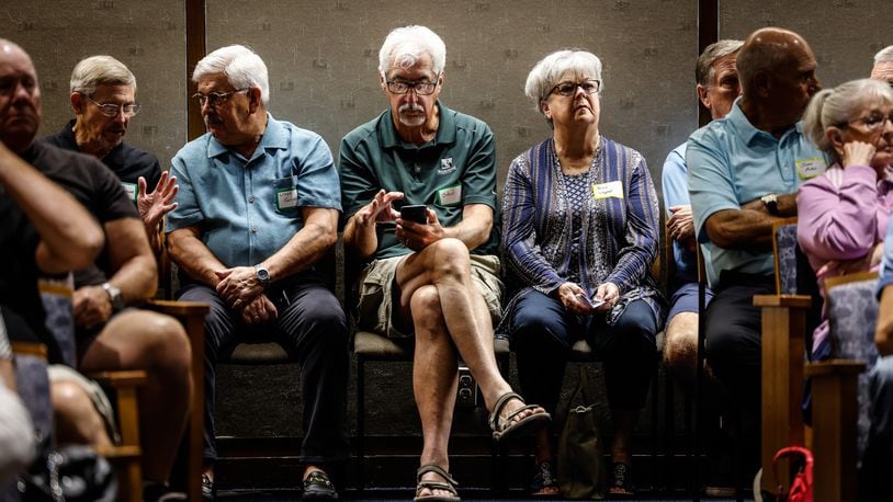 Retired Delphi salaried employees attend a rally at Sinclair College Wednesday September 7, 2022. The former employees have been trying for over a decade to recover their lost retirement they earned after General Motors filed for bankruptcy. JIM NOELKER/STAFF