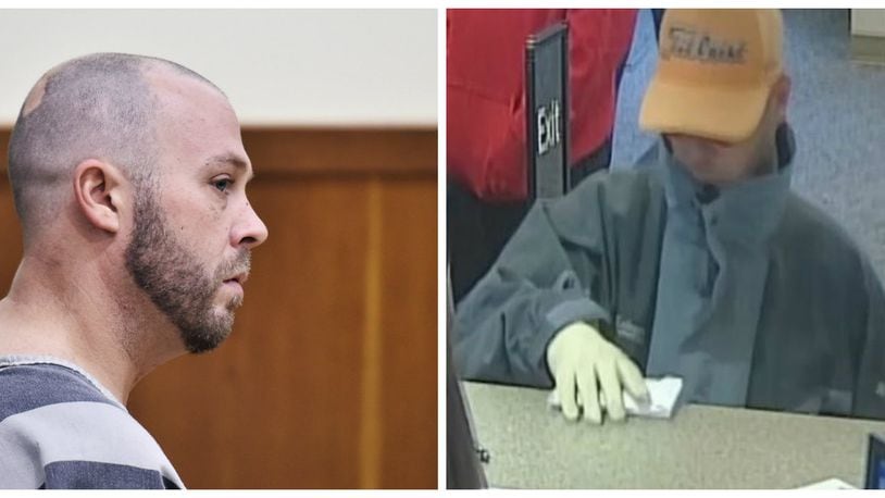 Dustin Pedersen (left) and a security camera image of the robber at Fifth Third Bank in Trenton. Pedersen pleaded guilty in April to two counts of robbery before Butler County Common Pleas Judge Michael Oster. On June 4, Pedersen was sentenced to four years in prison.