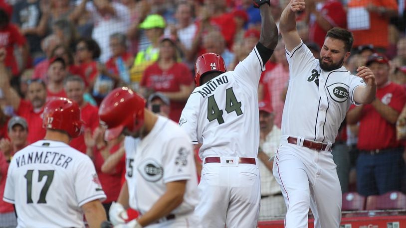 The Reds’ Aristides Aquino and Jesse Winker celebrate Aquino’s two-run home run in the second inning against the Cubs on Friday, Aug. 9, 2019, at Great American Ball Park in Cincinnati. David Jablonski/Staff