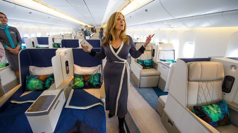 Edie Rodriguez, CEO of Crystal Cruises, explains the layout of her brand new 777 luxury jet at Boeing Field on Aug. 1, 2017 in Seattle. (Mike Siegel/Seattle Times/TNS)