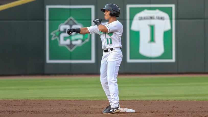 Dayton Dragons outfielder Brian Rey celebrates after hitting a two-RBI double during their game against the Bowling Green Hot Rods in 2019. CONTRIBUTED PHOTO BY MICHAEL COOPER