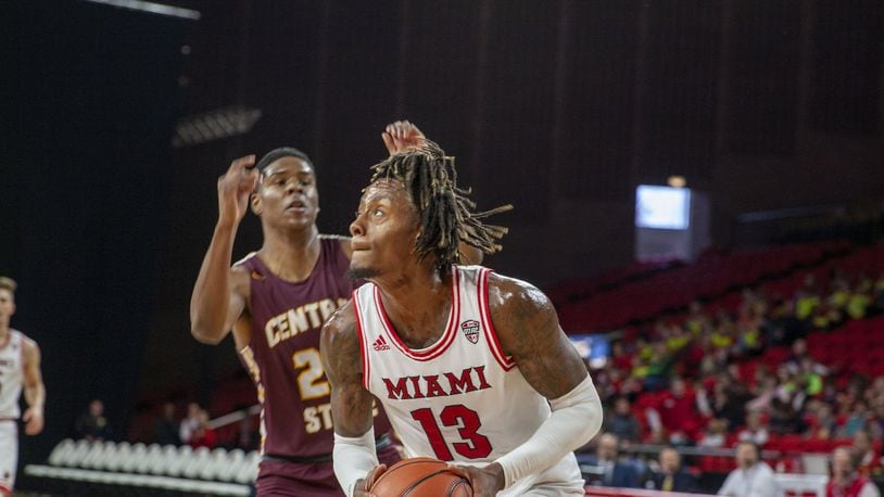 Miami’s Dalonte Brown looks to put up a shot against Central State on Wednesday, Nov. 20, 2019, at Millett Hall. Miami Univeristy photo